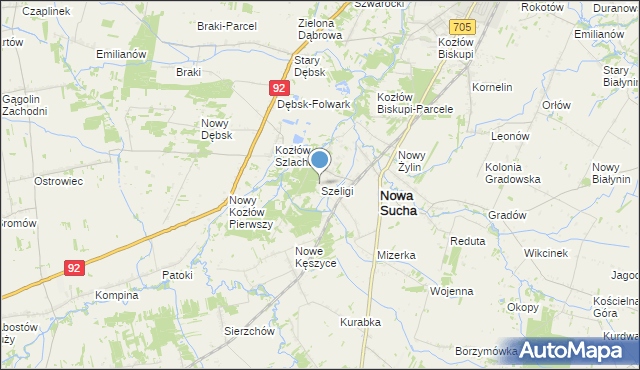 mapa Szeligi, Szeligi gmina Nowa Sucha na mapie Targeo